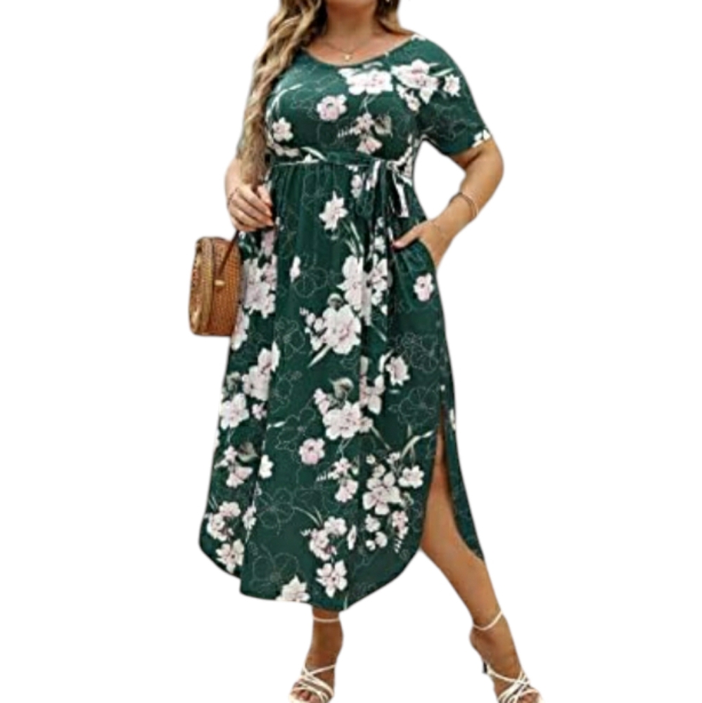 Nemidor Green Floral Belted Maxi Dress Short Flutter Sleeve Crew Neck 3X